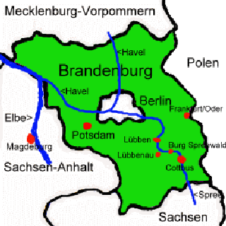 Das Bundesland Brandenburg mit Berlin im Zentrum  der Spree und dem Spreewald mit den Orten Lbben, Lbbenau und Burg entlang der Spree